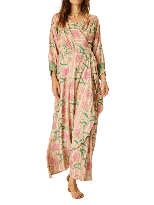 Natalie Martin Nwt Kate Long Sleeve Silk Maxi Wrap Dress Floral Striped Size L